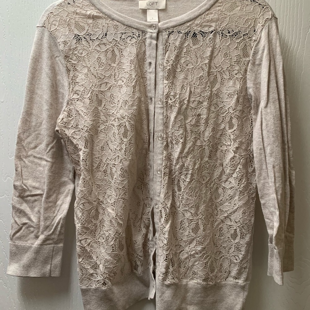 Loft cardigan with tan lace; 3/4 sleeve